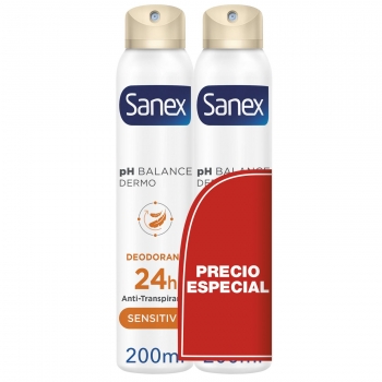 Desodorante en spray dermo sensitive protección 24h Sanex pack de 2 unidades de 200 ml.
