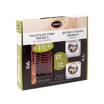 Maletín de Paleta de Cebo Ibérica 50% Raza Ibérica en lonchas 6 paquetes de 80 g + Queso de mezcla curado 2 cuñas de 250 g 6 x 80 g