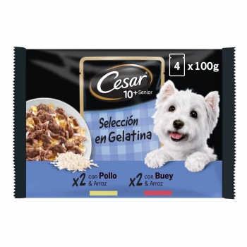 Comida húmeda selección carnes mixtas en gelatina para perro senior Cesar pack de 4 unidades de 100 g.