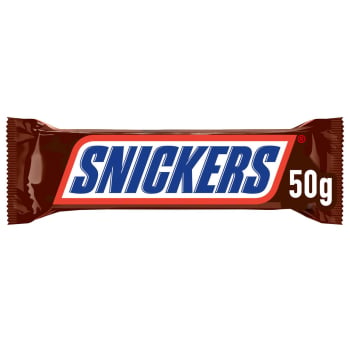 Barrita de chocolate con leche, crema de cacahuete, caramelo y cacahuetes Snickers 50 g.