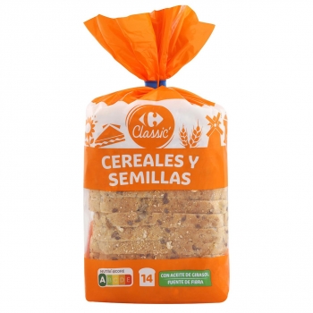 Pan de molde cereales y semillas Carrefour 460 g.