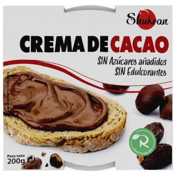 Crema de cacao sin azúcares añadidos Realfooding Shukran sin gluten sin lactosa 200 g.