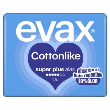 Compresas super plus con alas Cottonlike Evax 12 ud.