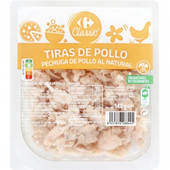 Pechuga de pollo al natural en tiras Carrefour sin gluten 140 g.