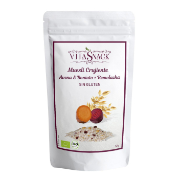 Muesli crujiente de avena, boniato y remolacha ecológico Vitasnack sin gluten y sin lactosa 120 g.