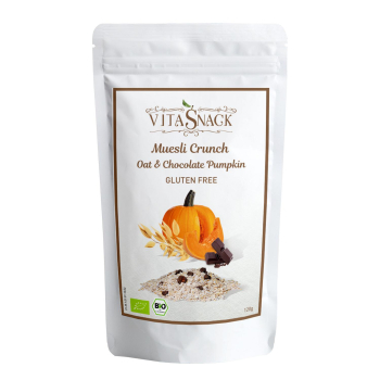 Muesli de avena, calabaza y chocolate ecológico Vitaskack sin gluten y sin lactosa 120 g.