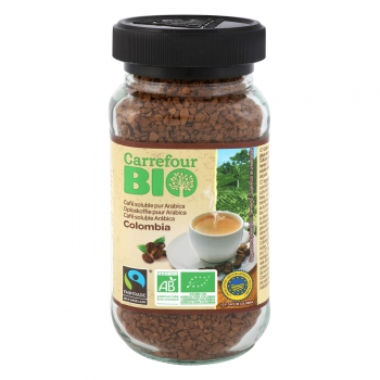 Café soluble arábica Colombia ecológico Carrefour Bio 100 g.