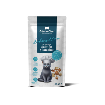 Snack mix daditos con salmón y bacalao para gatos adultos Gentle Chef Delicias del Mar 60 g