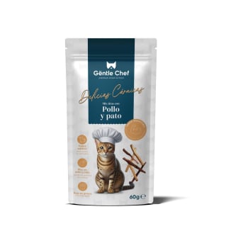 Snack mix tiras con pollo y pato para gatos adultos Gentle Chef Delicias Cárnicas 60 g