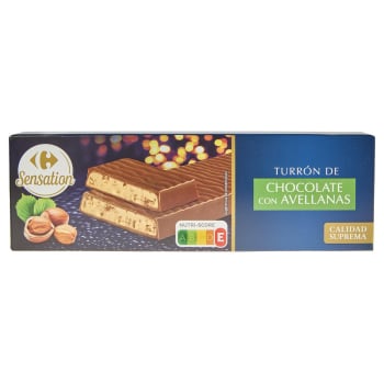 Turrón praliné de chocolate con avellanas Carrefour Sensation 150 g.