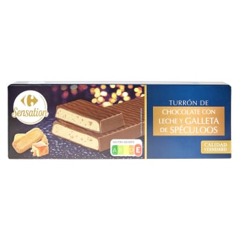Turrón praliné de chocolate con leche y crema de galletas de espéculoos Carrefour Sensation 150 g.