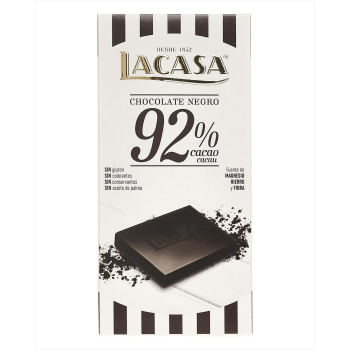 Chocolate negro 92% cacao Lacasa sin gluten y sin aceite de palma 100 g.