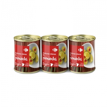 Aceitunas rellenas de pimientos Carrefour sin gluten y sin lactosa pack de 3 latas de 50 g.