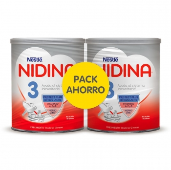 Leche infantil de crecimiento desde 12 meses Nestlé Nidina 3 sin aceite de palma pack de 2 unidades de 800 g.