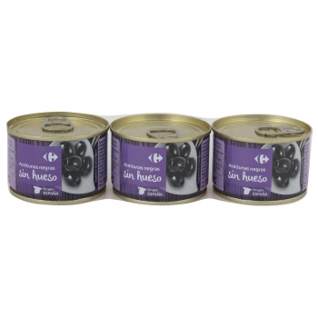 Aceitunas negras sin hueso Carrefour pack de 3 latas de 50 g.