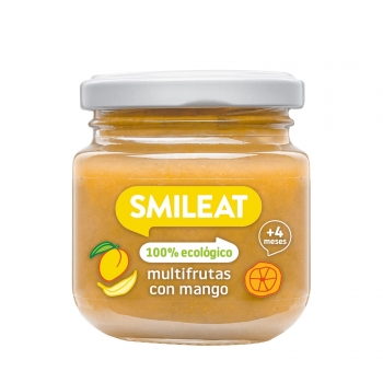 Tarrito infantil multifrutas con mango ecológicas Smileat sin gluten sin lactosa 130 g.