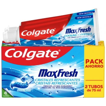 Dentífrico con cristales refrescantes frescor duradero Max Fresh Colgate pack de 2 unidades de 75 ml.