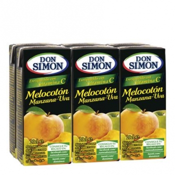 Zumo de melocotón, manzana y uva Don Simón pack de 6 briks de 20 cl.