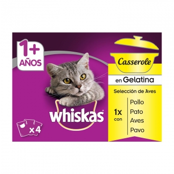 Comida húmeda selección aves para gatos Whiskas Casserole pack de 4 unidades de 85 g.