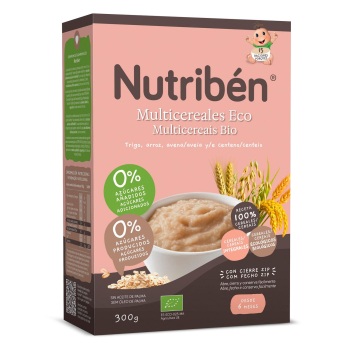 Papilla infantil desde 6 meses Nutriben Eco multicereales ecológica sin azúcar añadido 300 g.