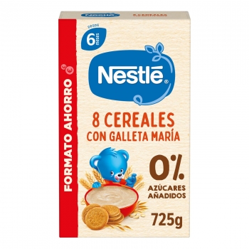 Papilla infantil desde 6 meses 8 cereales con galleta maria sin azúcar añadido Nestlé 725 g.