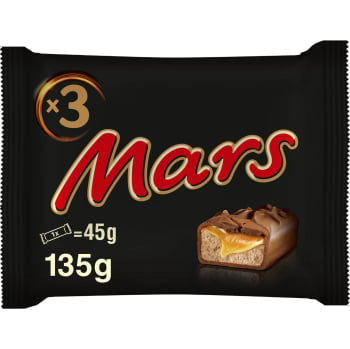 Barrita de chocolate con leche rellena de crema de turrón y caramelo Mars pack de 3 unidades de 45 g. 3 x 45 g