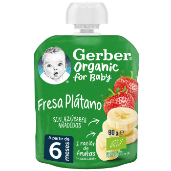 Bolsita de fresa y plátano desde 6 meses ecológica Gerbet sin azúcar añadido 90 g.