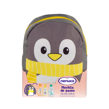 Mochila Nenuco pingüino: jabón de ducha 200 ml, agua de colonia 200 ml y champú 200 ml.