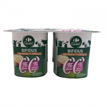 Bífidus desnatado con trozos de muesli sin azúcar añadido Carrefour pack de 4 unidades de 125 g.