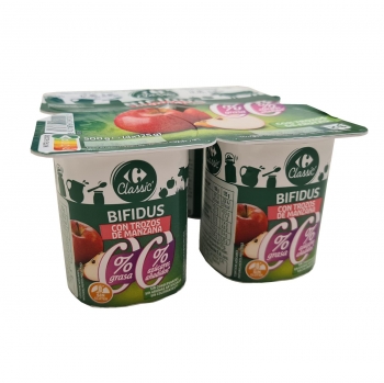 Bífidus desnatado con manzana Carrefour Classic´ sin gluten y sin azúcar añadido pack de 4 unidades de 125 g.
