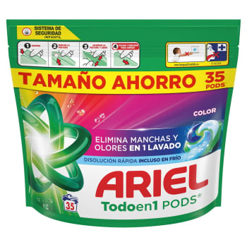 Detergente en cápsulas color Todoen1 Pods Ariel 35 lavados.