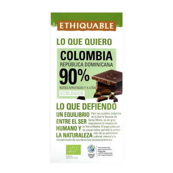 Chocolate negro 90% cacao origen Colombia ecológico Ethiquable 100 g.