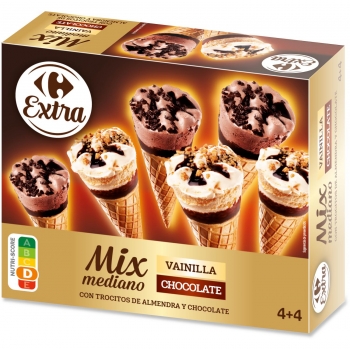 Conos con helado de vainilla y chocolate mix mediano Extra Carrefour 8 ud.