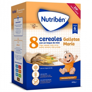 Papilla infantil desde 6 meses 8 cereales con un toque de miel galletas María Nutribén sin aceite de palma 600 g.