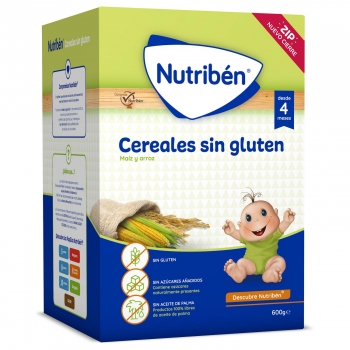 Papilla de cereales infantil desde 4 meses sin azúcar añadido Nutribén sin gluten sin aceite de palma 600 g.