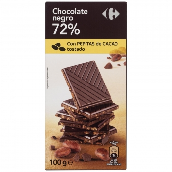Chocolate negro 72% con pepitas de cacao tostadas caramelizadas Carrefour 100 g.