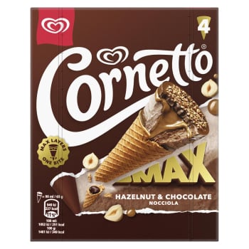 Conos con helado de chocalate y avellana Max Avellana Cornetto Frigo 4 uds.