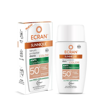 Sérum protector diario color anti imperfecciones SPF50+ con pro-ceramidas Ecran Sunnique 40 ml.
