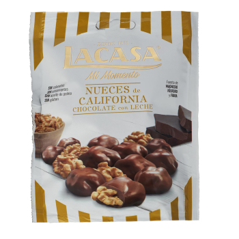 Nueces de California chocolate con leche Mi Momento Lacasa sin gluten y sin aceite de palma doy pack 115 g.