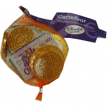 Monedas y billetes de chocolate con leche Carrefour 80 g.