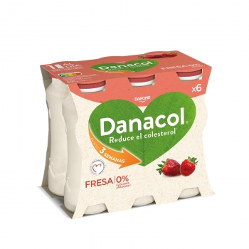 Leche fermentada de fresa sin azúcar añadido Danone Danacol sin gluten pack de 6 unidades de 100 g.