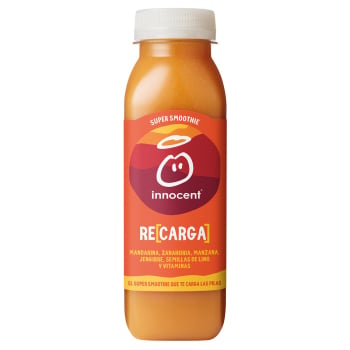 Smoothie super recarga de mandarina, zanahoria, manzana, jengibre, semillas de lino y vitaminas Innocent botella 30 cl.