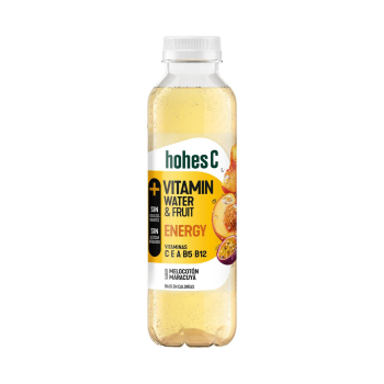 Agua vitaminada energy Hohes C sabor melocotón y maracuyá sin azúcar añadido botella 50 cl.