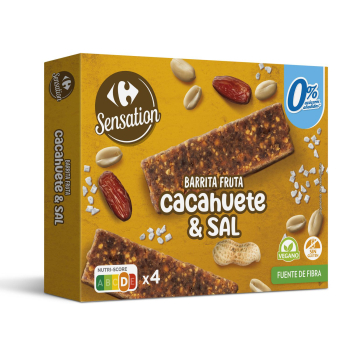 Barritas de fruta con frutos secos y sal Carrefour Sensation sin azúcar añadido 120 g.