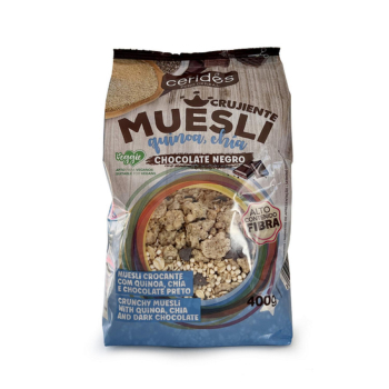 Muesli crujiente de quinóa, chía y chocolate negro Cerides 400 g.
