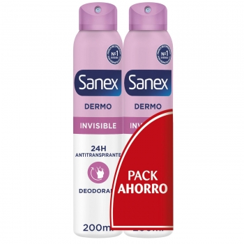 Desodorante en spray dermo invisible protección antitranspirante 24h Sanex pack de 2 unidades de 200 ml.