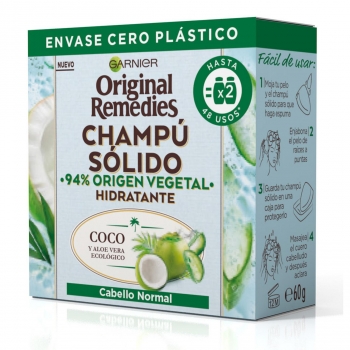 Champú sólido hidratante de coco y aloe vera ecológico Original Remedies Garnier 60 g.