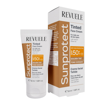 Crema facial teñida SPF50+ tono dorado Sunprotect Revuele 50 ml.