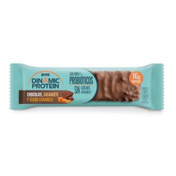 Barrita protéica de chocolate con leche, caramelo y cacahuete Dinamic Protein sin azúcar añadido 55 g.