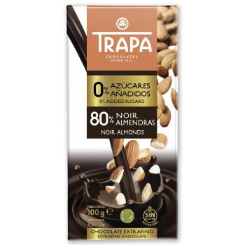 Chocolate negro extrafino con almendras Trapa sin gluten sin azúcar añadido 100 g.